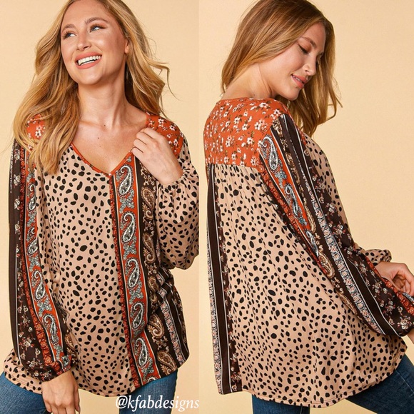 ❤️LAST 1! V Neck Soft Knit Boho Leopard/Floral Color Block Top w/Bubble Sleeves - Picture 3 of 10